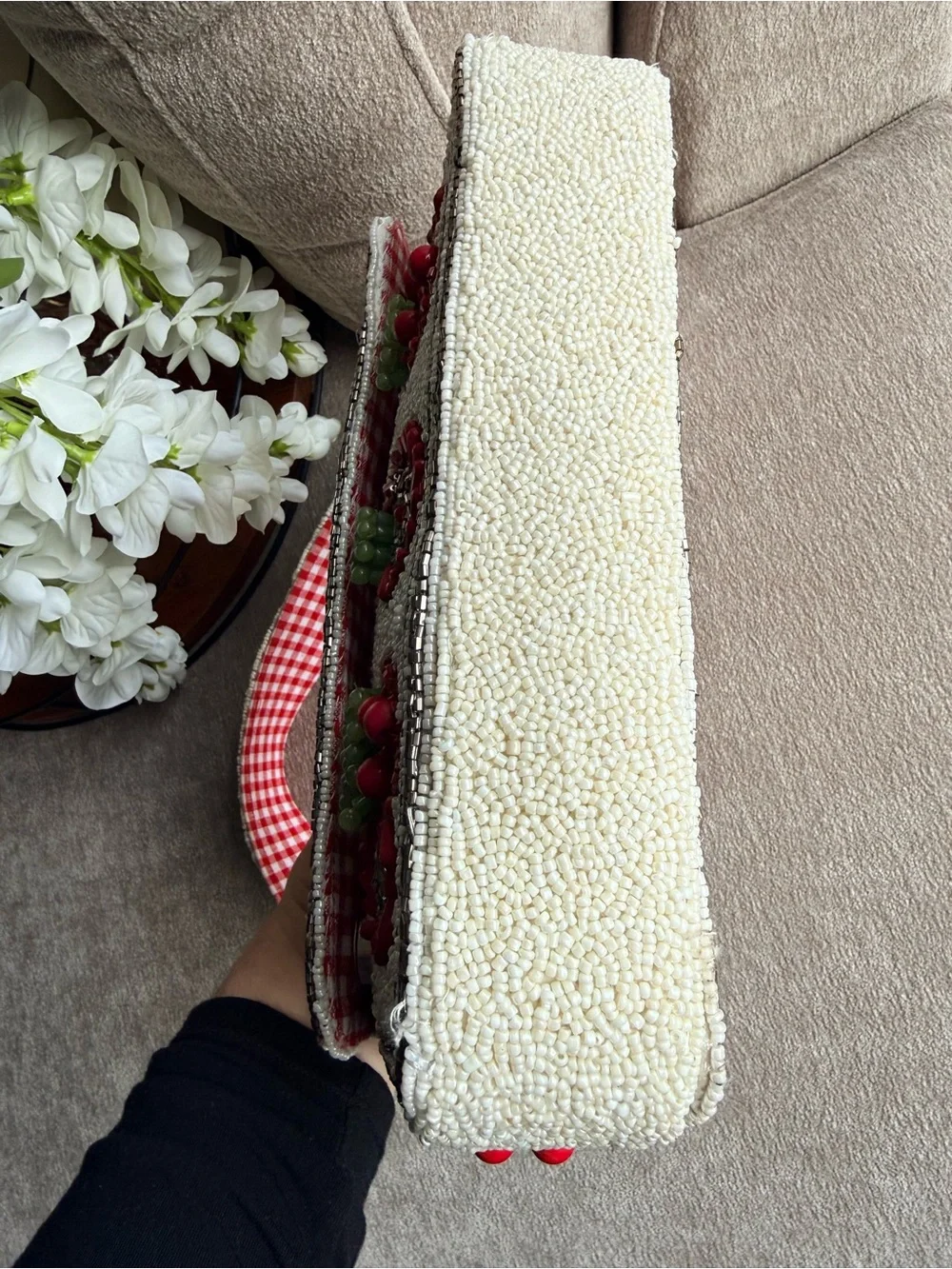 Made in India Tomato Red & White Beaded Shoulder Bag with Tomato Charm NWT